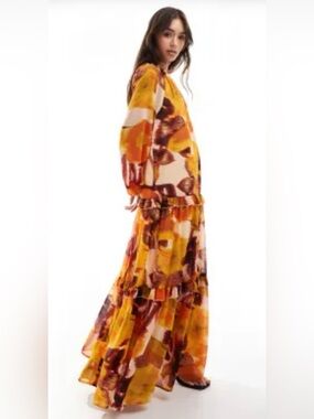 ASOS Mustard, Rust & Cream Abstract Tiered Maxi Dress